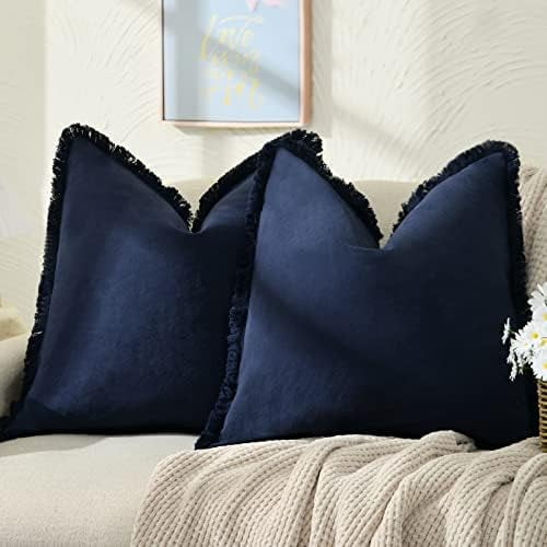 Pillow Covers 24x24 Set of 2 Navy Throw Pillow Covers with Fringe Chic Cotton Decorative Pillows Square Cushion Covers for Sofa Couch Bed Living Room Farmhouse Boho Decor