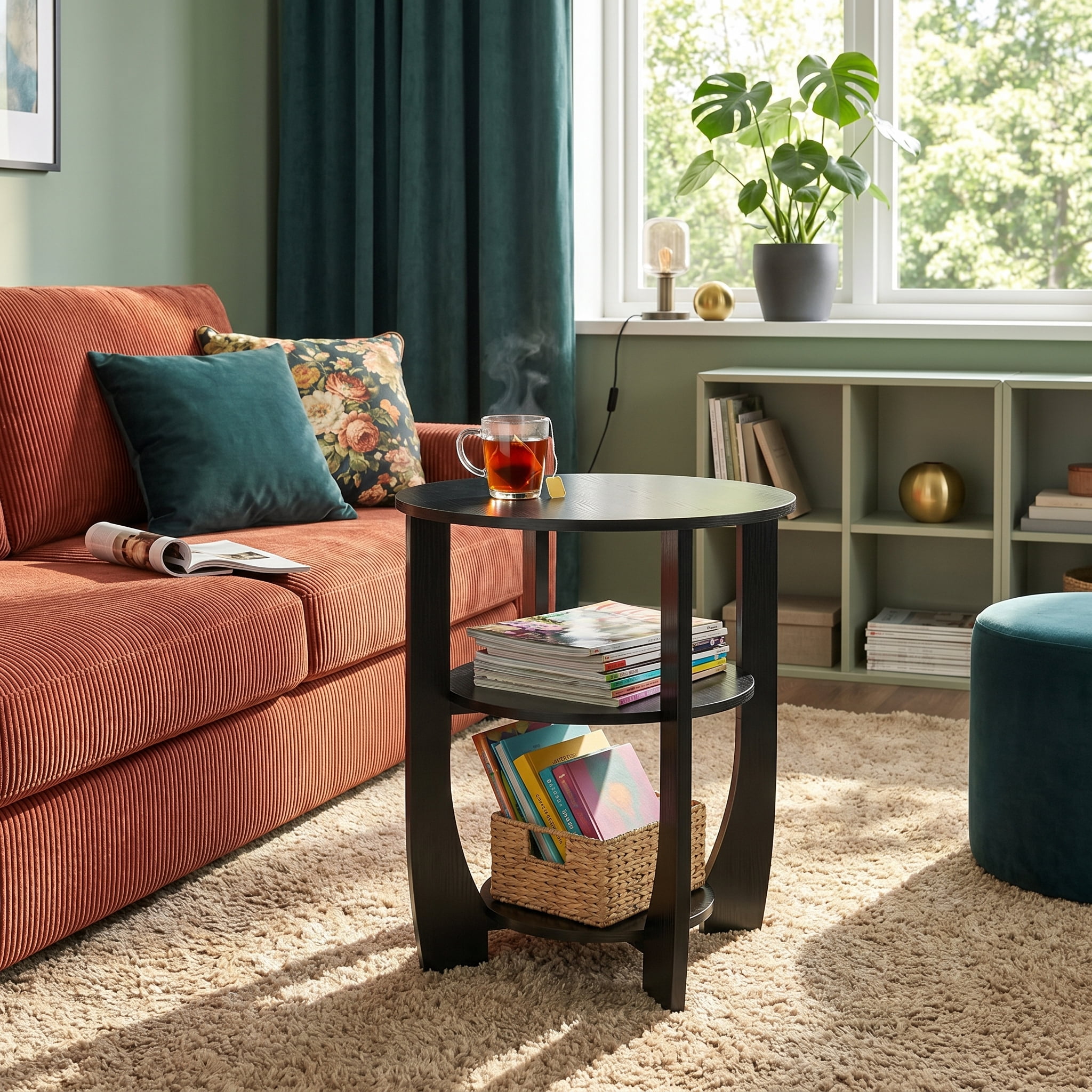 ZEXVIDA Round End Table with Storage Shelf,3 Tier Modern Side Table, Sofa Recliner Side Table,Accent Coffee Table,Nightstand for Living Room Bedroom for Small Spaces,19.7" D x 21.7" H (Black)