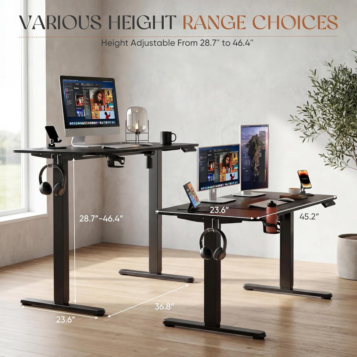 CHTER Electric Standing Desk, 45 x 24 Inches Height Adjustable Sit Stand up Desk, Memory Preset Computer Home Office Desks with Sturdy Metal Frame, Phone Stand Cable Management Hole (Black, 45'')