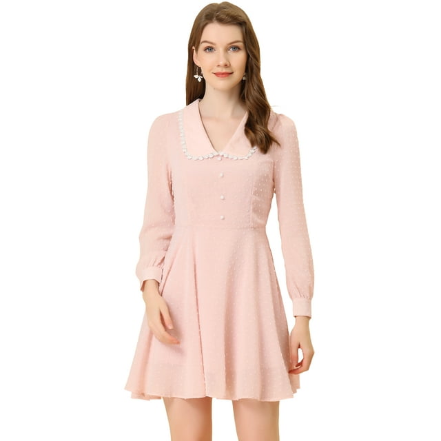 Unique Bargains Femmes Peter Pan Col Suisse Points à Manches Longues Rétro Mini Robe