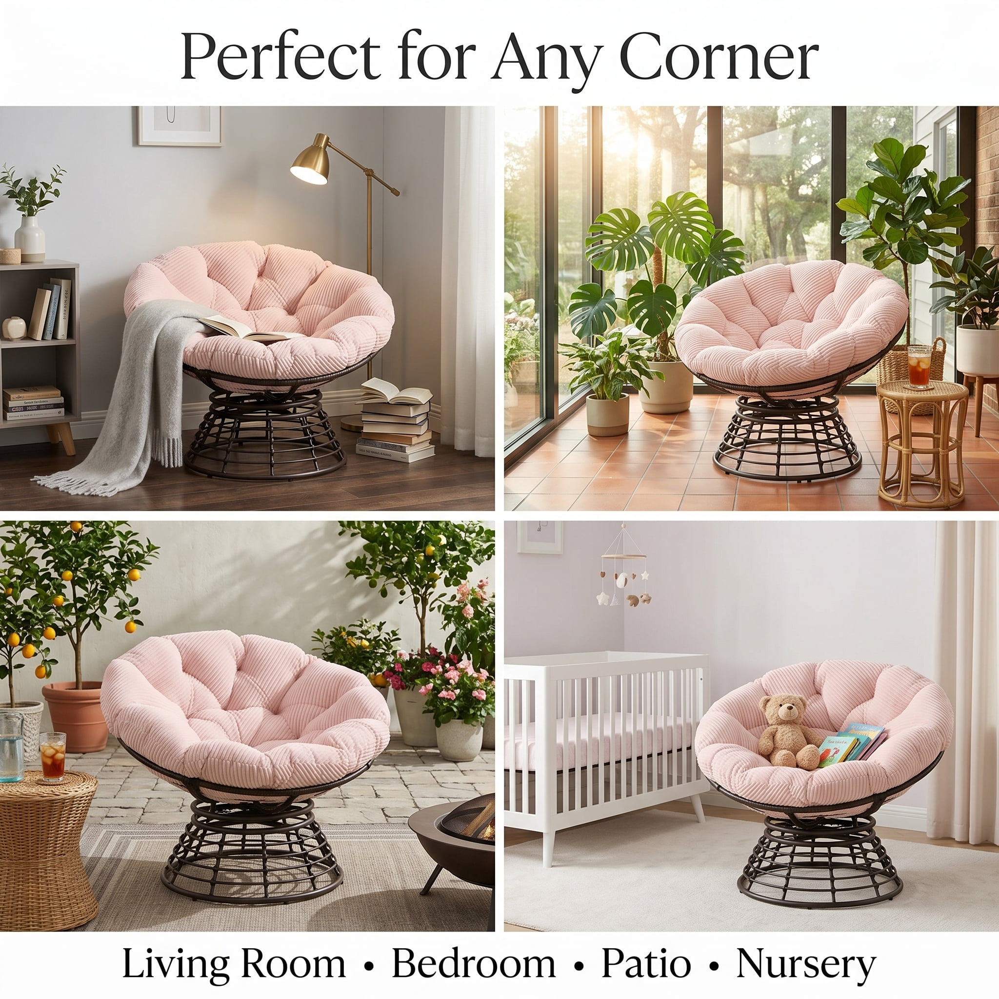360° Swivel Wicker Papasan Chair with Ergonomic Over-Stuffed Cushion, Modern Rattan Saucer Chair for Living Room & Bedroom