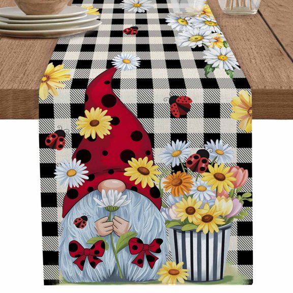 nqOlkjepod Gnomes Daisy Table Runner 108 Inches Long Farmhouse Dress Scarves, Retro Farmhouse Floral Black Buffalo Plaid Dining Tablerunner for Coffee Table/Kitchen Island/Party Décor, 13" x 108"