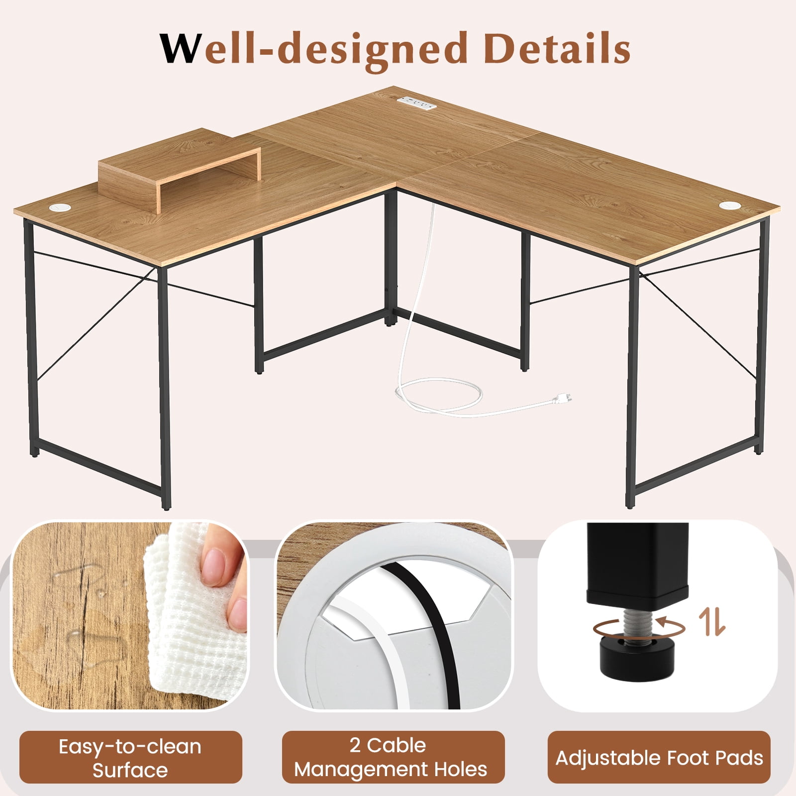 Giantex 95 Inch Reversible Corner Desk, L-Shaped Computer Desk w/Monitor Stand & 3 Cable Holes, 2-Person Long Study Writing Desk for ome Office, Natural
