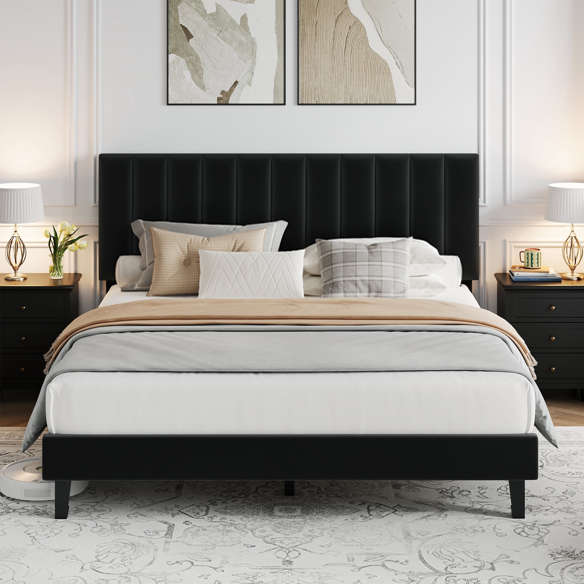 CazToi Queen Size Upholstered Bed Frame with Vertical Channel Tufted Headboard Sturdy Wooden Slats Noise Free