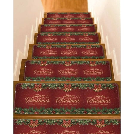 Merry Christmas Stair Treads for Wooden Steps Indoor Runner Rug Carpet Red Winter Pine Branches Berry Poinsettia 7 Pieces Peel and Stick Staircase Step Treads Covers Washable Throw Door Mats 30 x8