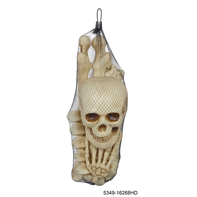 Bag containing 12 bone-colored plastic bones in a black mesh net, used as Halloween decorations.