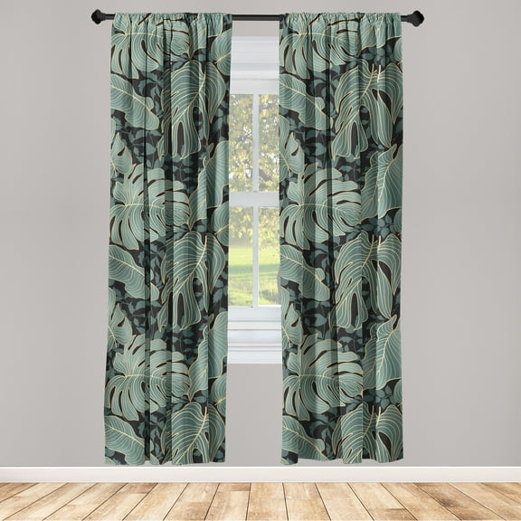 Leaves Greenery Window Curtains, Exotics Boho Feel Monstera Leaf Pattern with Golden Tone Stripes, Lightweight Decor 2-Panel Set with Rod Pocket, Pair of - 28"x63", Peacock Green Mustard, by Ambesonne