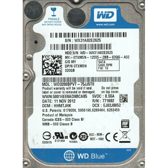 WD3200BPVT-75JJ5T0, DCM HHMTJHK, Western Digital 320GB SATA 2.5 Hard Drive
