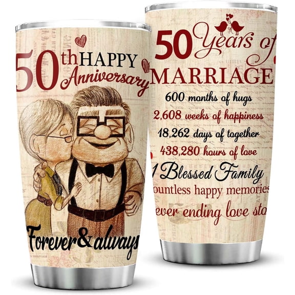 50th Anniversary Tumbler Gifts, 50th Anniversary Wedding Gifts for Couple Parents Friends, 50 years Golden Anniversary Tumbler Gifts for Him or Her, 20oz Insulated Cup Present(1 PC)