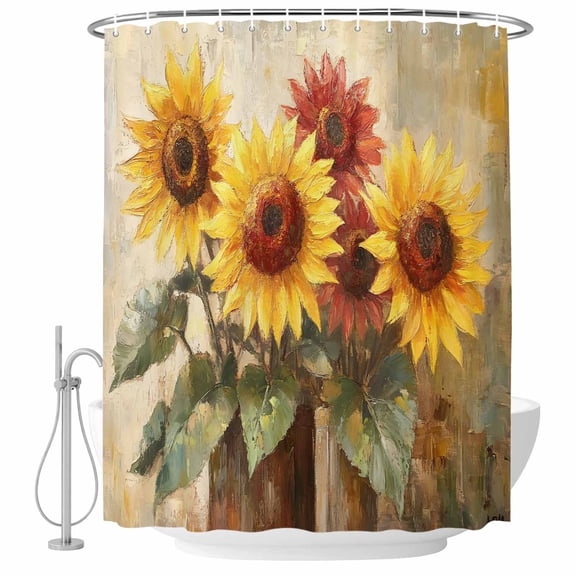 Spring Sunflowers Shower Curtain Set - Standard 72" x 72" Washable Bathtub Curtain with 12 Hooks, Abstract Oil Painting Floral Leaf Plant Waterproof Fabric Stall Shower Curtains for Bathroom Décor