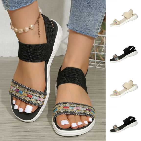 Tbopshirt Womens Wedge Sandals Summer Plus Size Bohemian Ethnic Style Open Toe Trendy Solid Color Casual Beach Vacation Soft-Sole Strappy Sandals Comfort
