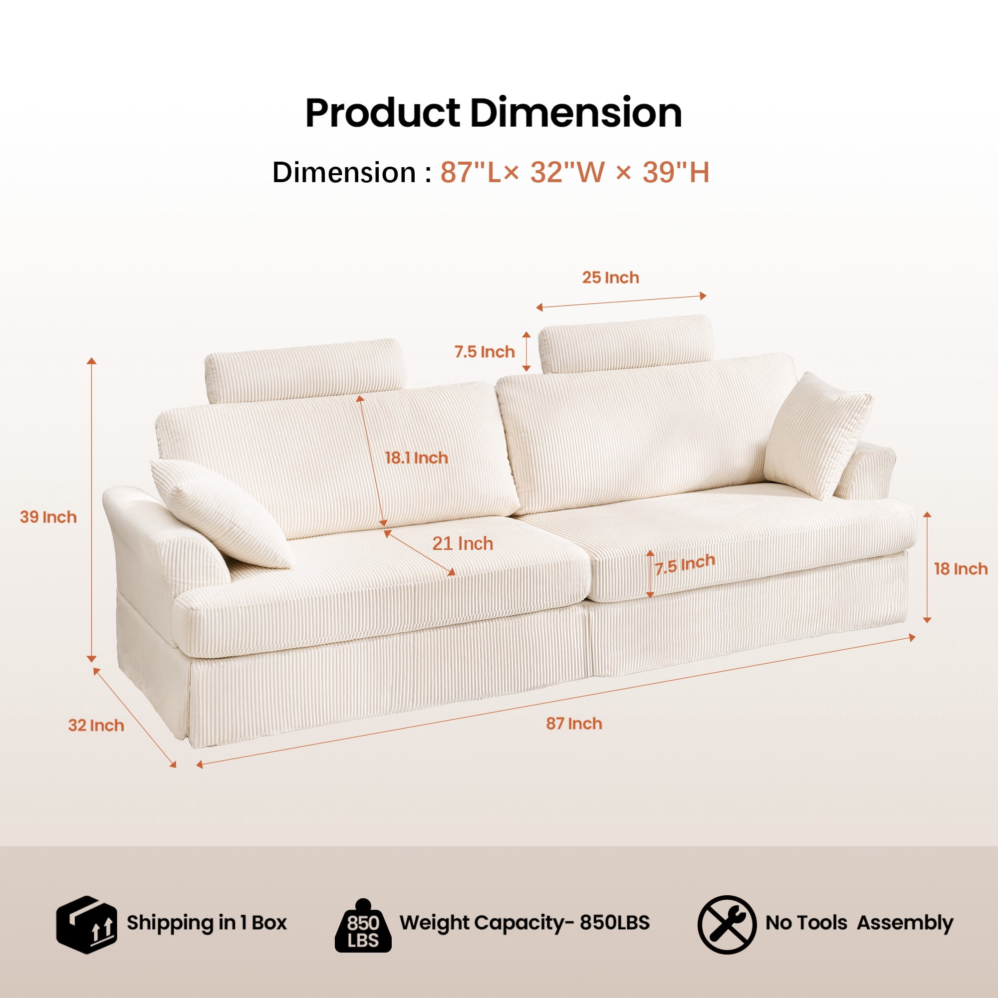 87" Cloud Comfy Sofa Couch with Deep Seat and Thick Cushion, Corduroy Upholstered Fabric Soft Couch for Living Room Office, Beige (Includes Headrest)