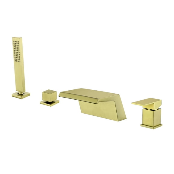 Cobbe Waterfall Bathroom Bathtub Faucet Set with 7.09-Inch Wide Tub Spout and Hand Shower Single Handle Control 4-Hole Mount Brushed Gold