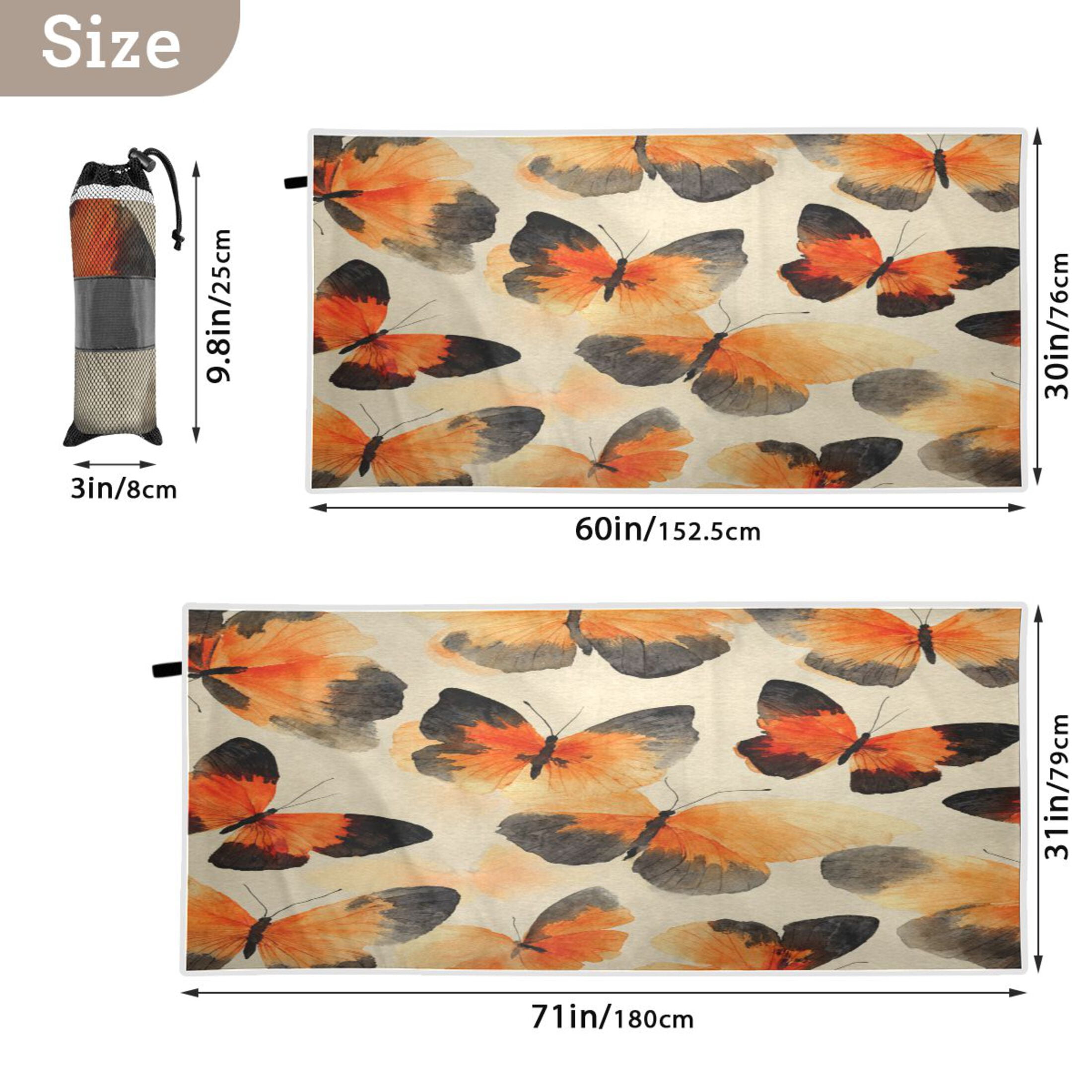 Qxltty Orange Black Butterfly Beach Towel Sand Free Bath Towel Absorbent Quick Dry Soft Lightweight Blanket for Travel Gym Camping 71x31in