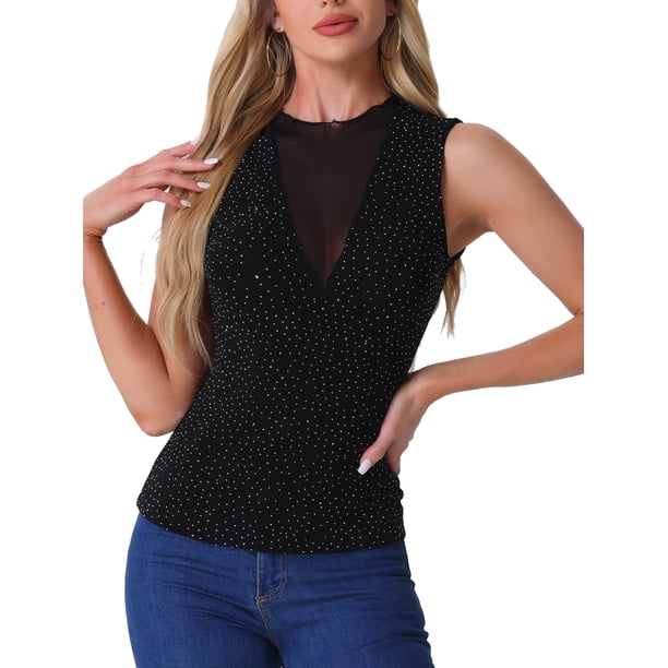 INSPIRE CHIC Camisetas sin mangas de malla para mujeres, blusa brillante para fiestas, camiseta brillante L negra