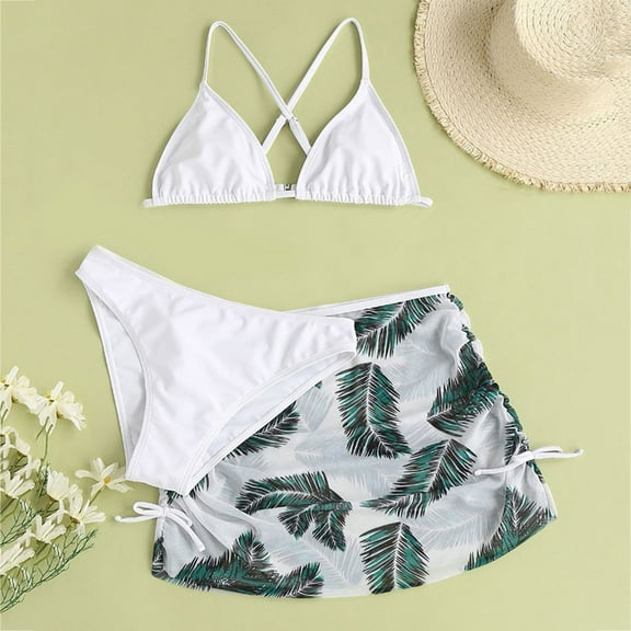 Girls Swimsuit 3 Piece Bikini Set Sleeveless Cartoon Print Bathing Suit Briefs White 14-16 Years