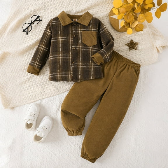 NAISIBABY Boys Fall Winter Set, Checked Long Sleeve Button-Up Shirt and Elastic Waist Pants Fashion Outfit 2-Piece Brown 7T