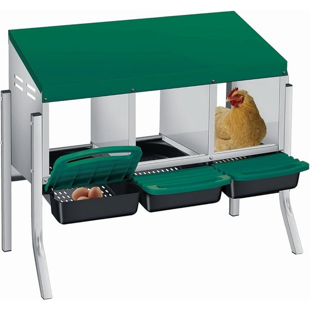 Ourlova 3/4-Hole Metal Chicken Nesting Box with Removable Roll-Out Tray – Easy Egg Collection & Cleaning, Galvanized Steel Laying Box for Backyard Coop & Poultry Farm