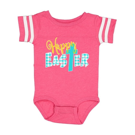 

Inktastic Happy Easter with Cross in Teal Plaid Gift Baby Boy or Baby Girl Bodysuit