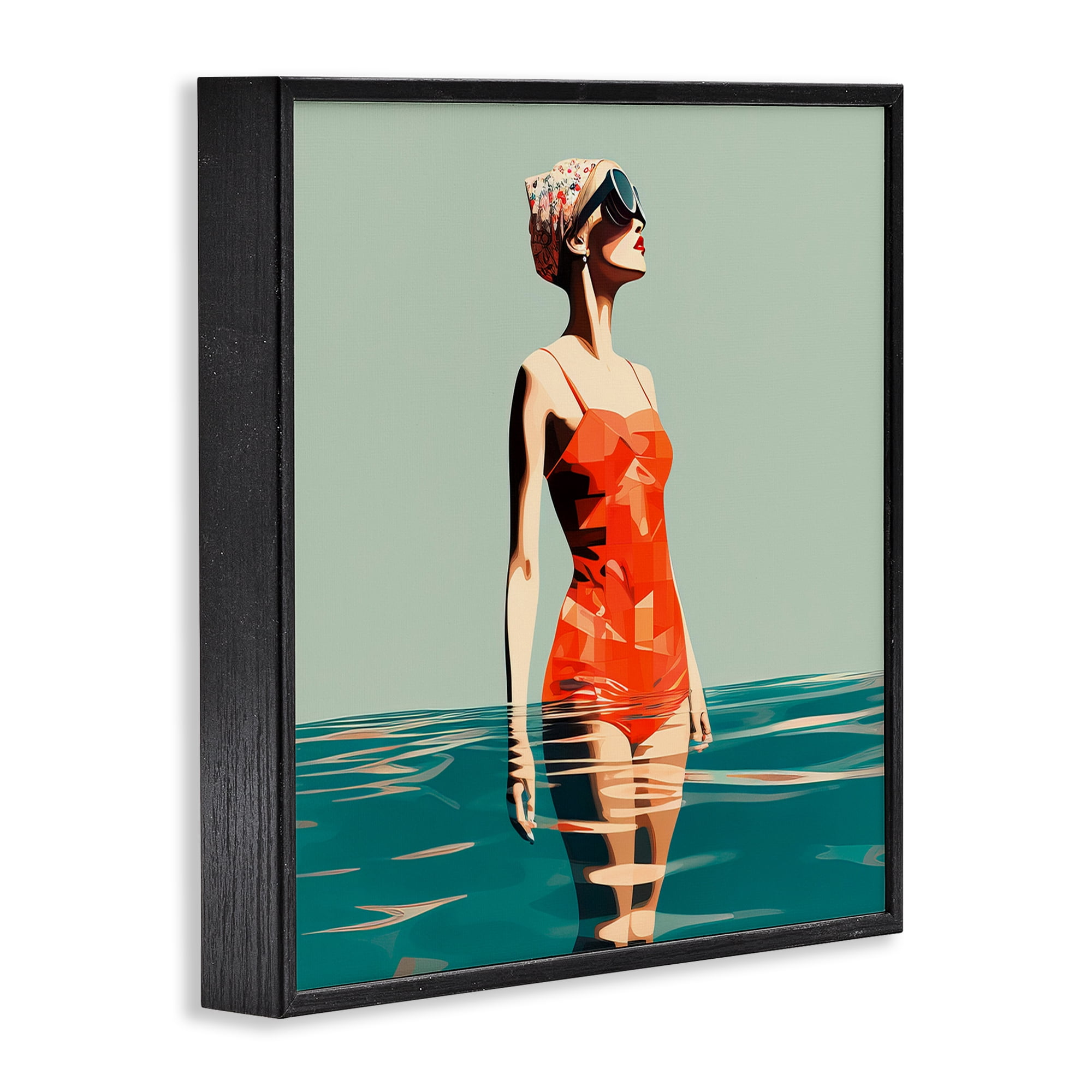 Stupell Industries Retro Woman in Swimsuit Novelty Painting Black Framed Art Print Wall Art, 24 x 24