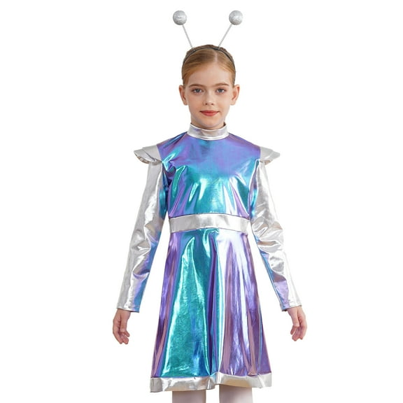 Ocealan Kids Girls 2Pcs Alien Outer Space Dance Sets Metallic Long Sleeve A Line Dress Headband Blue 12