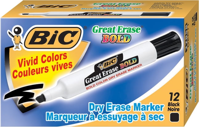 BIC Great Erase Bold Tank-Style Dry Erase Marker, Chisel Tip, Black, Dozen