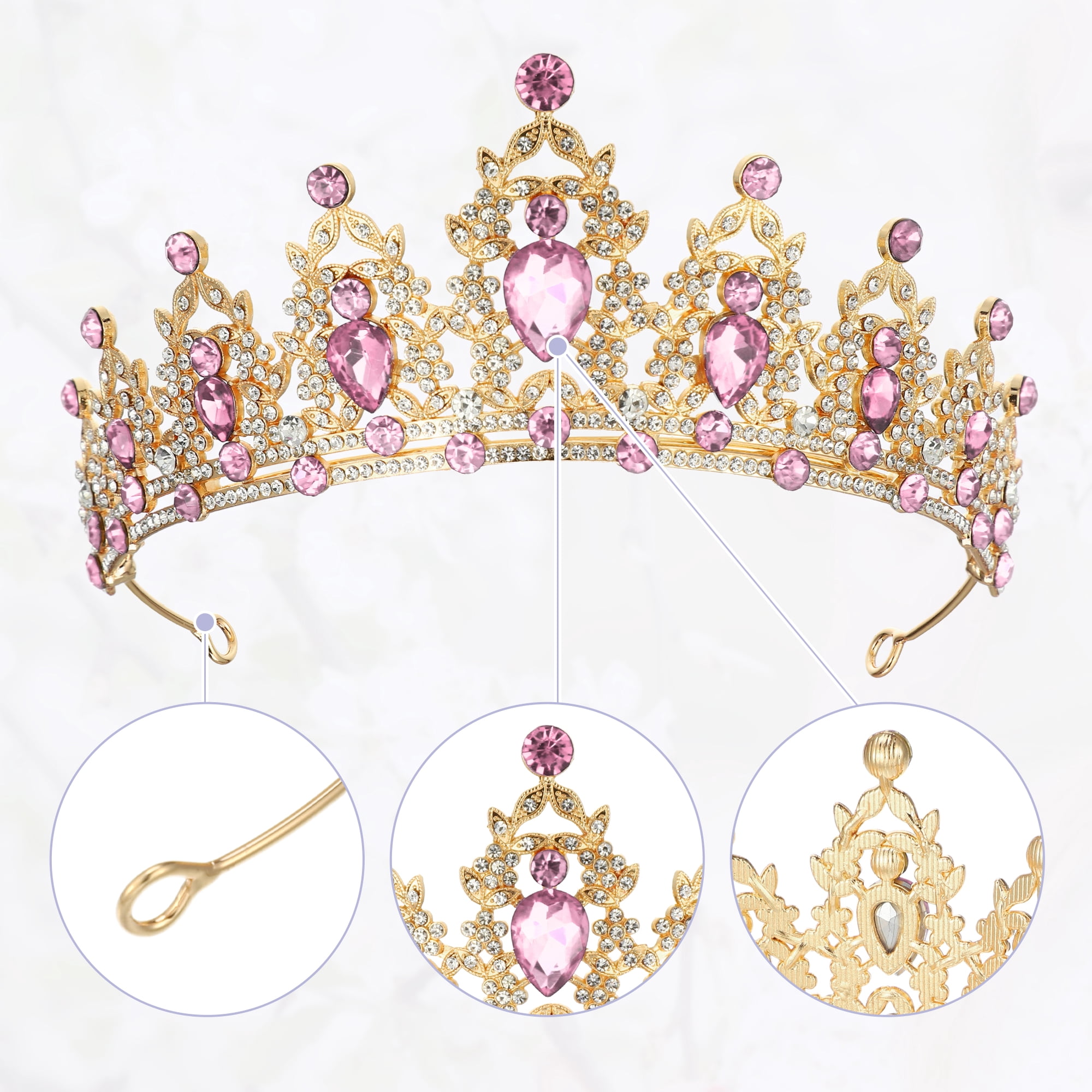 Unique Bargains Women Faux Crystal Queen Crown Tiara Rhinestone Gold Tone Light Pink