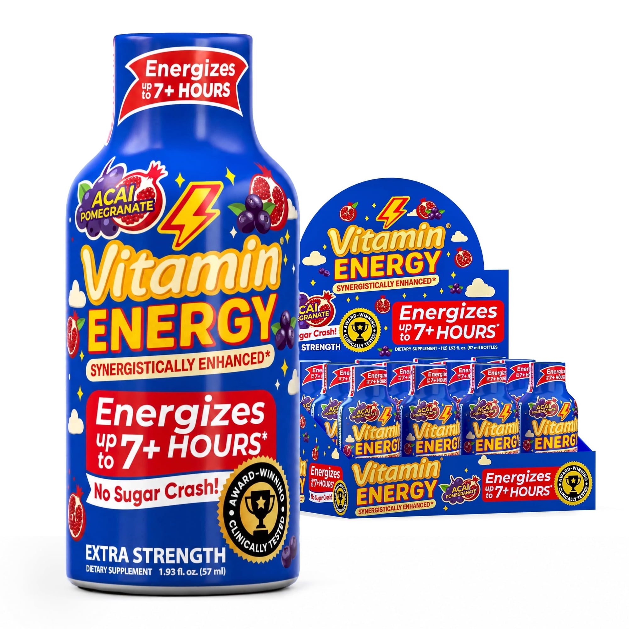 Vitamin Energy Acai Pomegranate Extra Strength Energy Shot, 12 Pack - 260mg Natural Caffeine, 11,000% DV B12 + Taurine, Zero Sugar, 1.93 fl oz