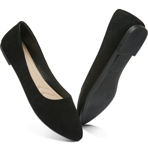 AOMAIS Women Ballet Flats Classic Faux Suede Pointed Toe Dress Shoes Comfortable Slip On Business Flats Cute Solid Soft Ballerina Flats(Black,US9)