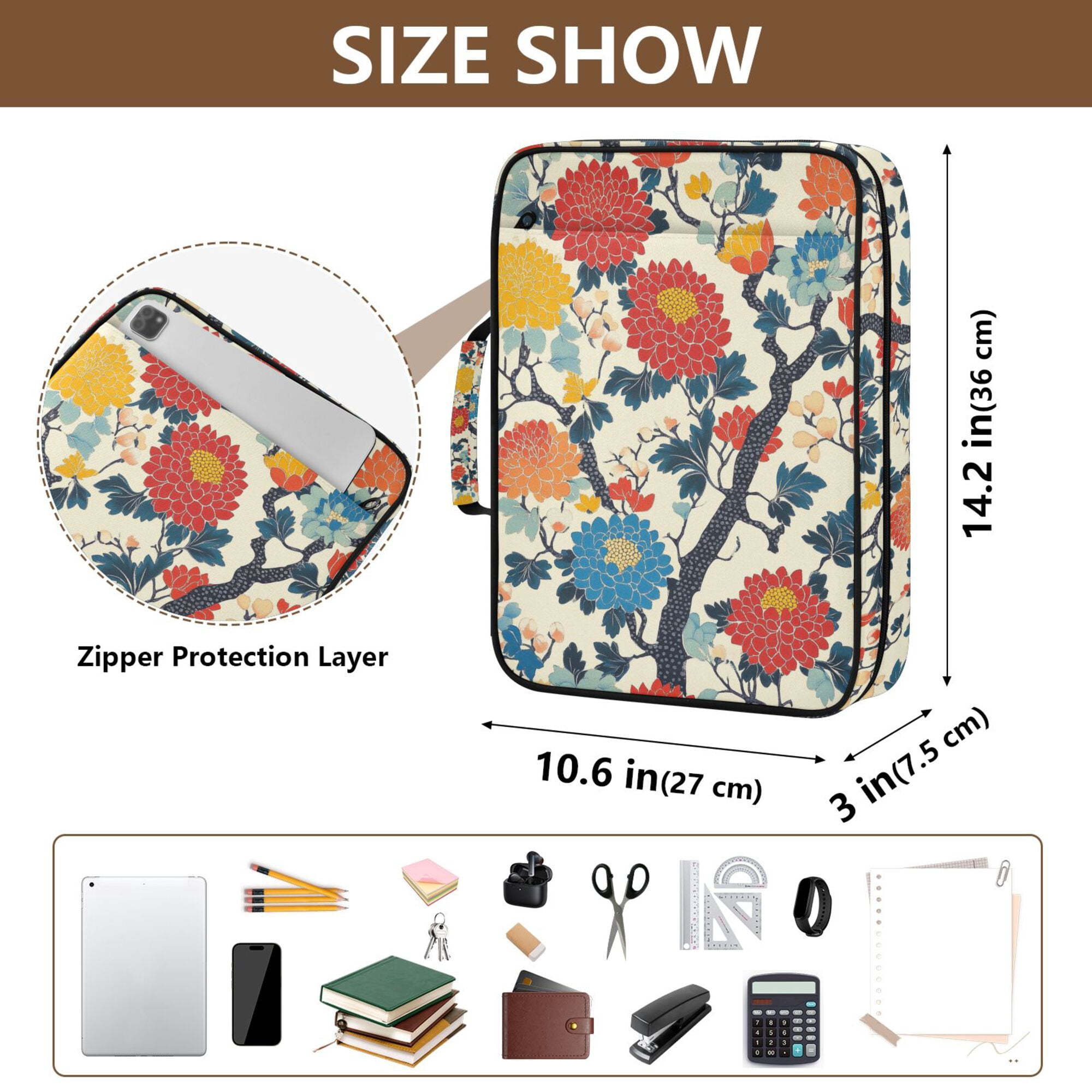 FORMRS Accordion File Folder A4 Size 7-Pocket Expanding Document Organizer Bag with 3 Ring Binder, Vibrant Japanese Flowers
