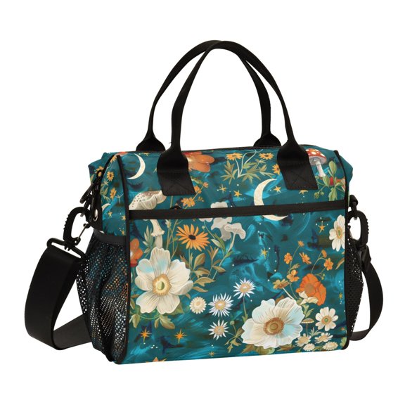 ALAZA Abstract Flowers Mushrooms Stars Insulated Lunch Bag Reusable Tote Box Adjustable Shoulder Strap for Work Picnic