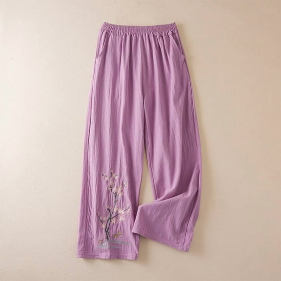 Women's High Waist Wide Leg Cotton Linen Pants with Pockets Lightweight Breathable Casual Trousers for Summer Beach Everyday Wear Comfortable Lounge Pants Purple L
