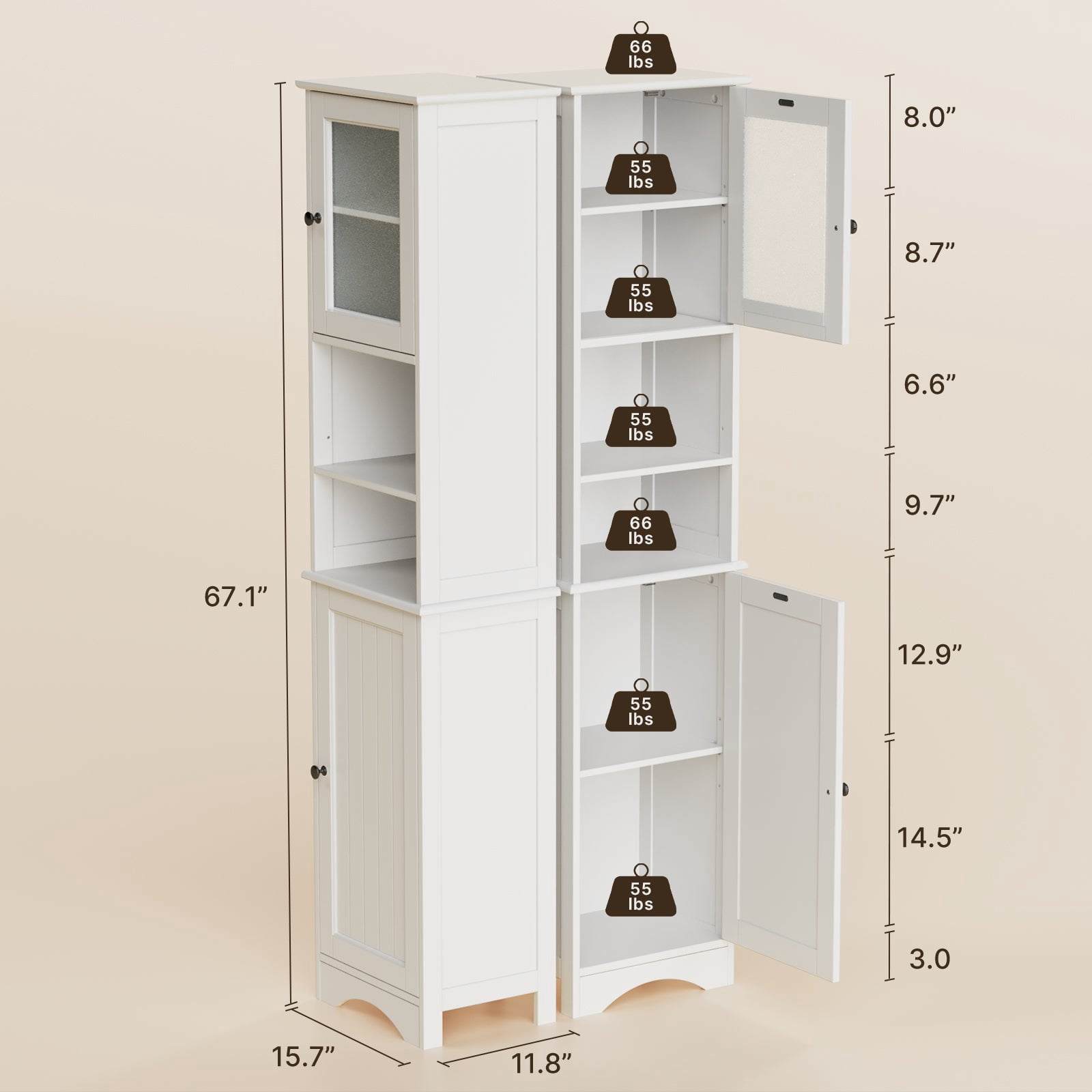 Aiho 67.1" H Bathroom Storage Cabinet, Narrow Tall Linen Tower with Adjustable Shelves & 2 Doors, Freestanding Cabinet for Bathroom, Living Room, White