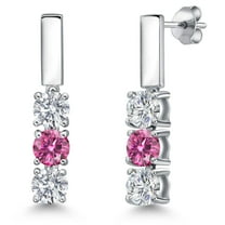 Gem Stone King 925 Sterling Silver White Lab Grown Diamond and Pink Moissanite Drop Dangle Earrings for Women | 1.50 Cttw | Gemstone April Birthstone | Round 5MM