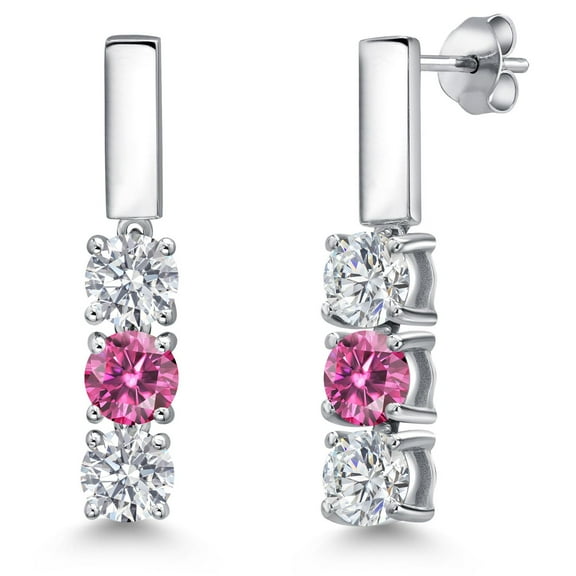Gem Stone King 925 Sterling Silver White Lab Grown Diamond and Pink Moissanite Drop Dangle Earrings for Women | 1.50 Cttw | Gemstone April Birthstone | Round 5MM
