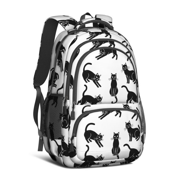 Black Cat Silhouette White Pattern Backpack for School, Cute School Bag with Adjustable Shoulder Straps and Padded Back, 16.9"x12.6"x5.9"