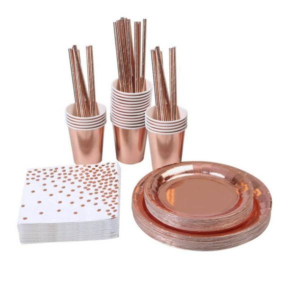 146 Pcs Girl Party Supplies Disposable Tableware Kit Birthday Party Paper Bronzing Dot Dinnerware Set Party Favors (Rose Gold)