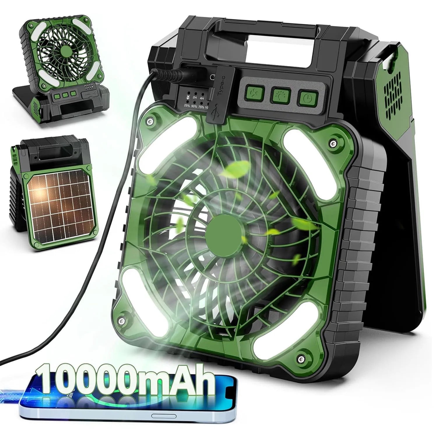 Solar Powered Fan for Camping- Camping Fan with 10000 mAh Rechargeable Battery and LED Lantern, Timer and 4 Speeds Battery Powered Outdoor Fan for Travel, Fishing, Outdoor, Bedroom