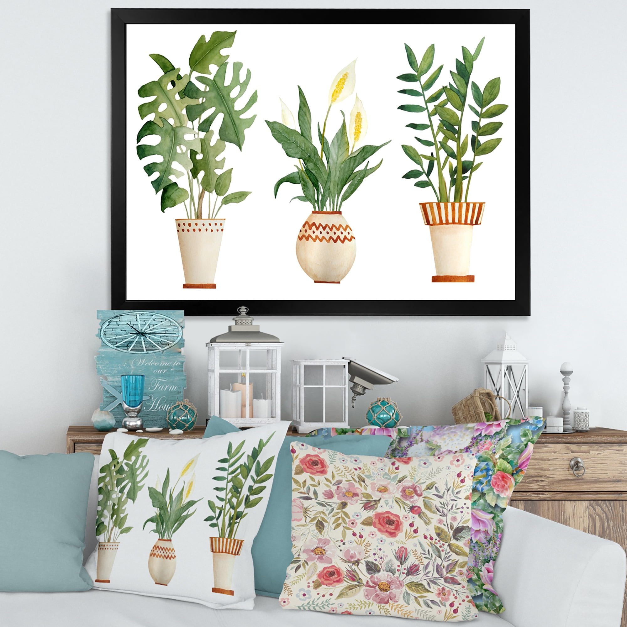 Designart 'Houseplant Peace Lily In Terra Cotta and Monstera' Farmhouse Framed Art Print