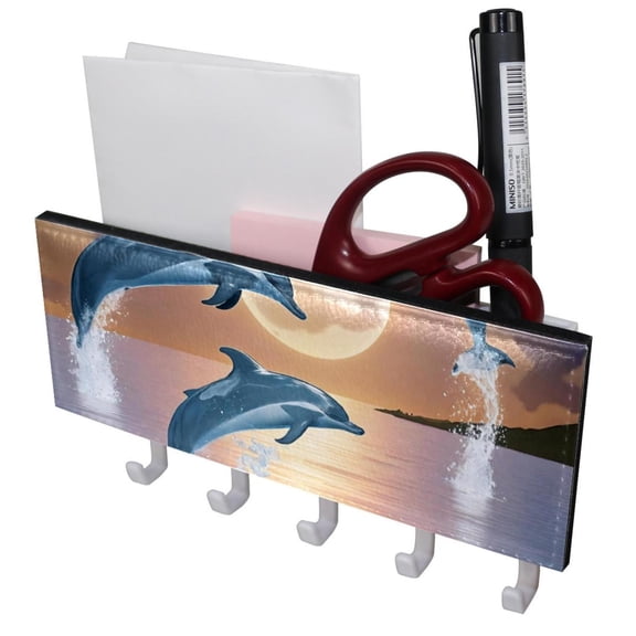 PhooArto Key Holder for Wall Decorative with 5 Key Hooks, Dolphins Jumping Holders Wall Mount Organizer with Mail Key Rack, Self Adhesive