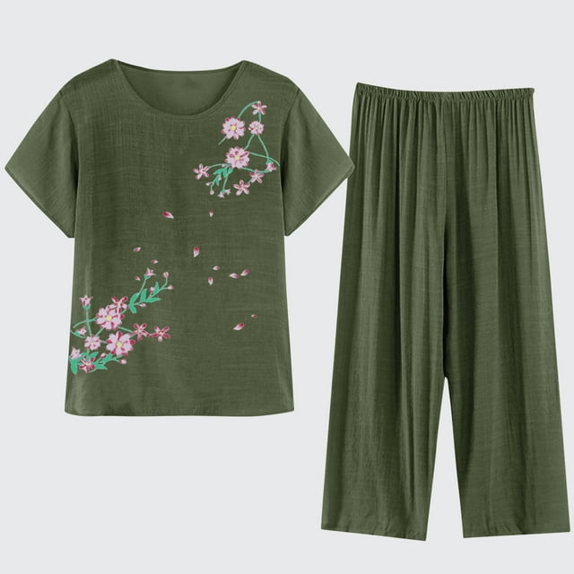 Hauts pour Femmes Tendance 2024, Ensemble Décontracté d'Été pour Femmes 2 Pcs Pyjama à Manches Courtes Col Rond Haut/chemise Ensemble Coton Soie Costume Grande Taille Confortable Respirant Cardigan Bouton Poche