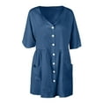 thumbnail image 5 of Women's Solid Loose V-Neck Ladies Casual Half Sleeve Button Pocket Mini Dress Knit Dress Women Button Front Dress Womens Summer Dresses Sexy Woman's Dresses Summer Women Vintage Dress Dress for Women, 5 of 5