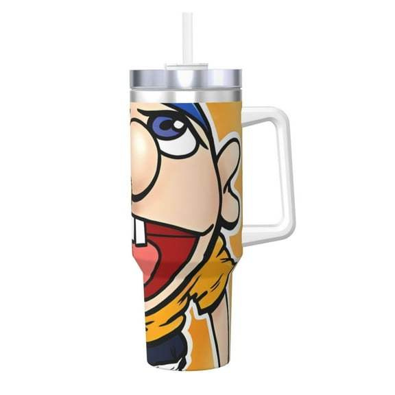 Lsque Sml Jeffy Pattern 40 OZ Ice Bully Cup with Handle and Straw, Double Wall Stainless Steel Tumbler Travel Coffee Cup with Lid for Christmas Present