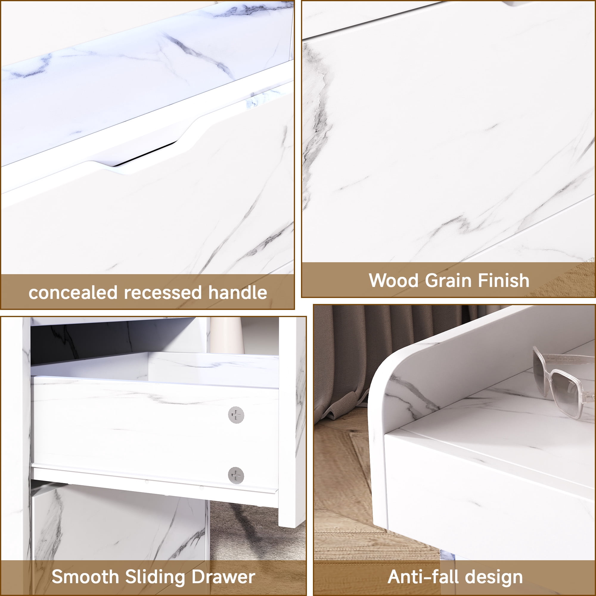 NEGYLIM Bedside Table, Nightstand with Multi-Color LED Light Strip, Quiet Drawers, 3 Drawers, Small Space Solution, Bedroom End Tables, White