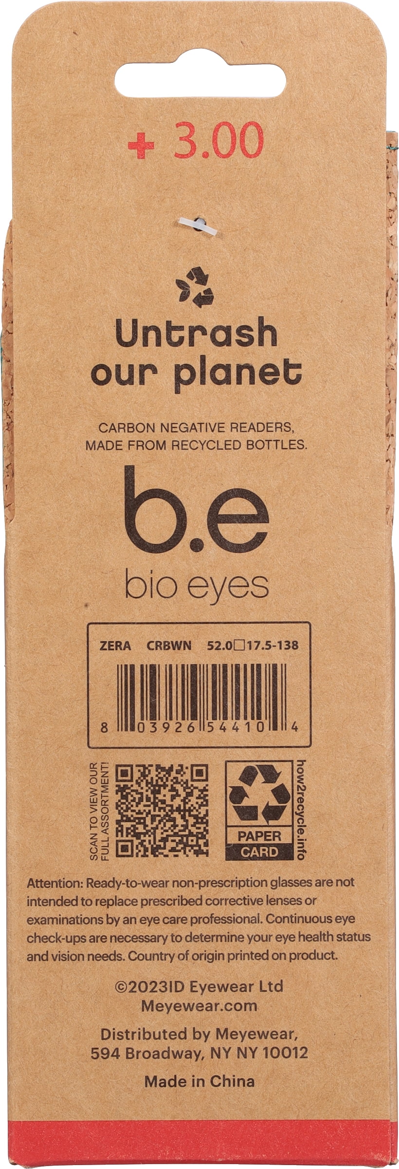 B.E Bio Eyes Mens Rectangular Reading Glasses Made from Recycled Plastic Zera +3.00 in Brown