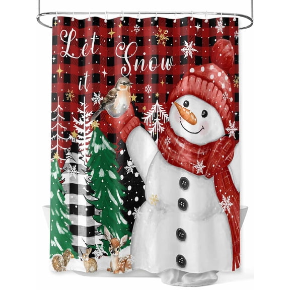 Fsddascl Red Plaid Christmas Snowman Shower Curtain Set - Long 72" x 84" Washable Bathtub Curtain with 12 Hooks, Xmas Tree Snowflake Birds Waterproof Fabric Stall Shower Curtains for Bathroom/Bathtub