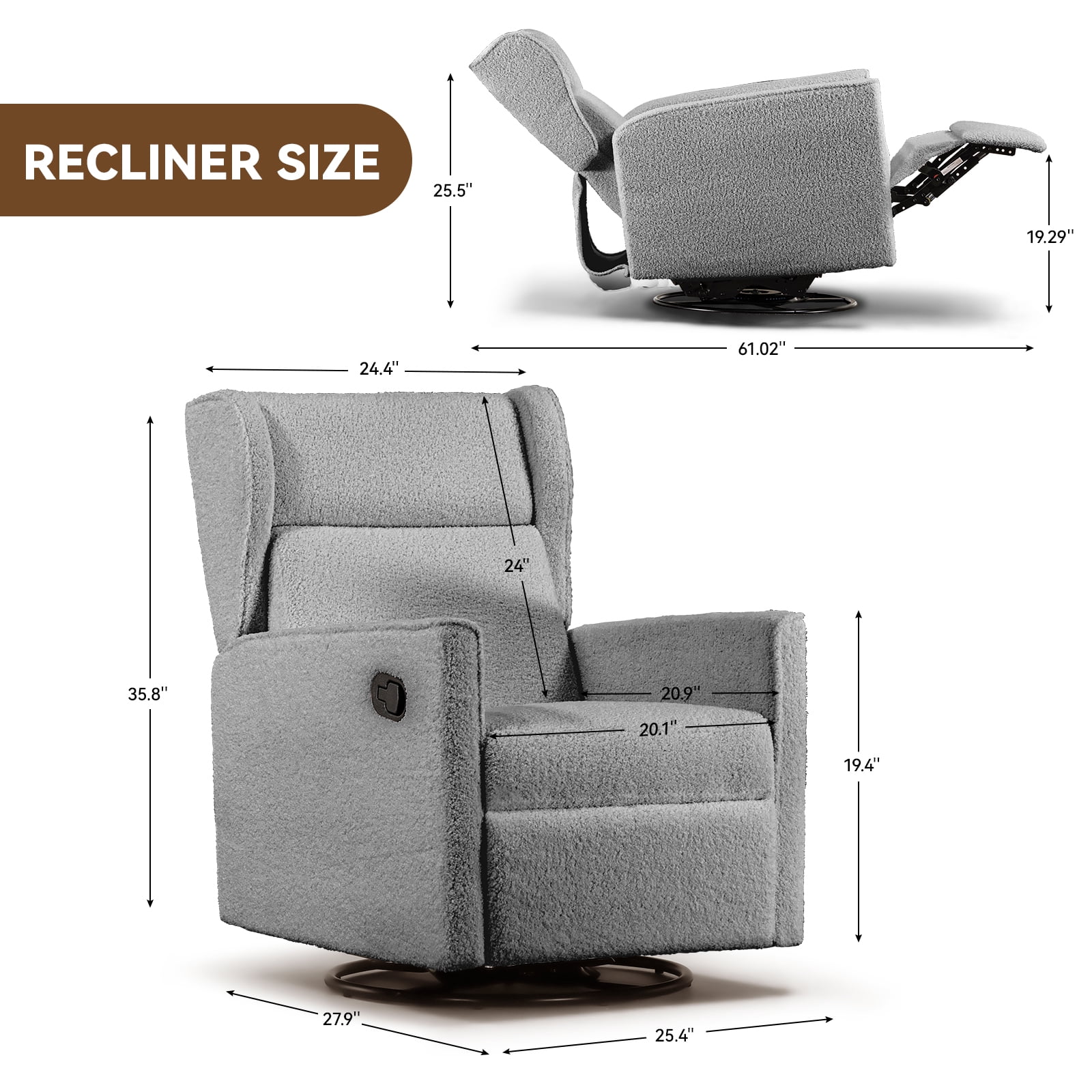 COMHOMA Nursery Rocking Chair Teddy Upholstered Swivel Rocker Recliner Manual Glider Reclining Chair for Living Room Bedroom Offices,Grey