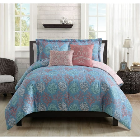 5 Piece Venice Beach Blue/Coral Comforter Set