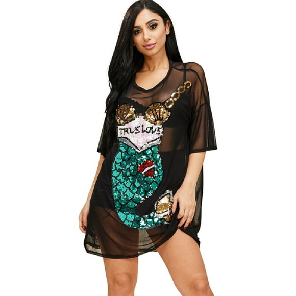 2Chique Boutique Women's Short Sleeve Black Mesh Tunic with Sequins Mermaid Design