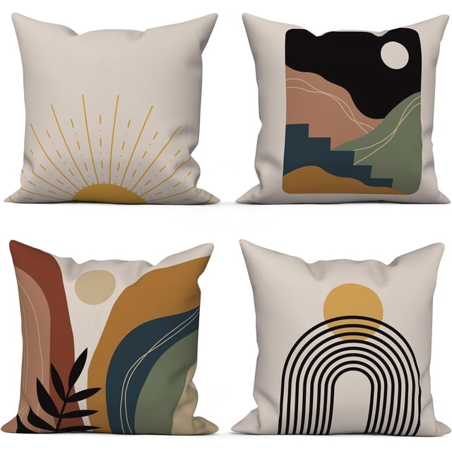 SHIBA-Boho Pillow Covers 18x18 Inch, Mid Century Sunrise Throw Pillow Covers Abstract Arch Linen Pillow Cases for Sofa Couch Car, Set of 4 (No Inserts)